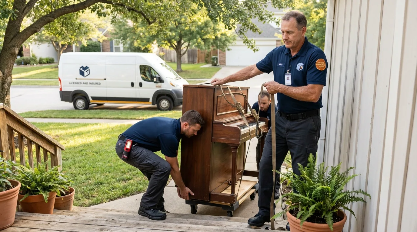 Licensed piano movers securing grand piano in Harris, MN