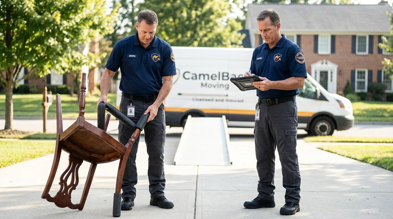 Movers inspecting furniture for damage prevention before loading in Harris, MN