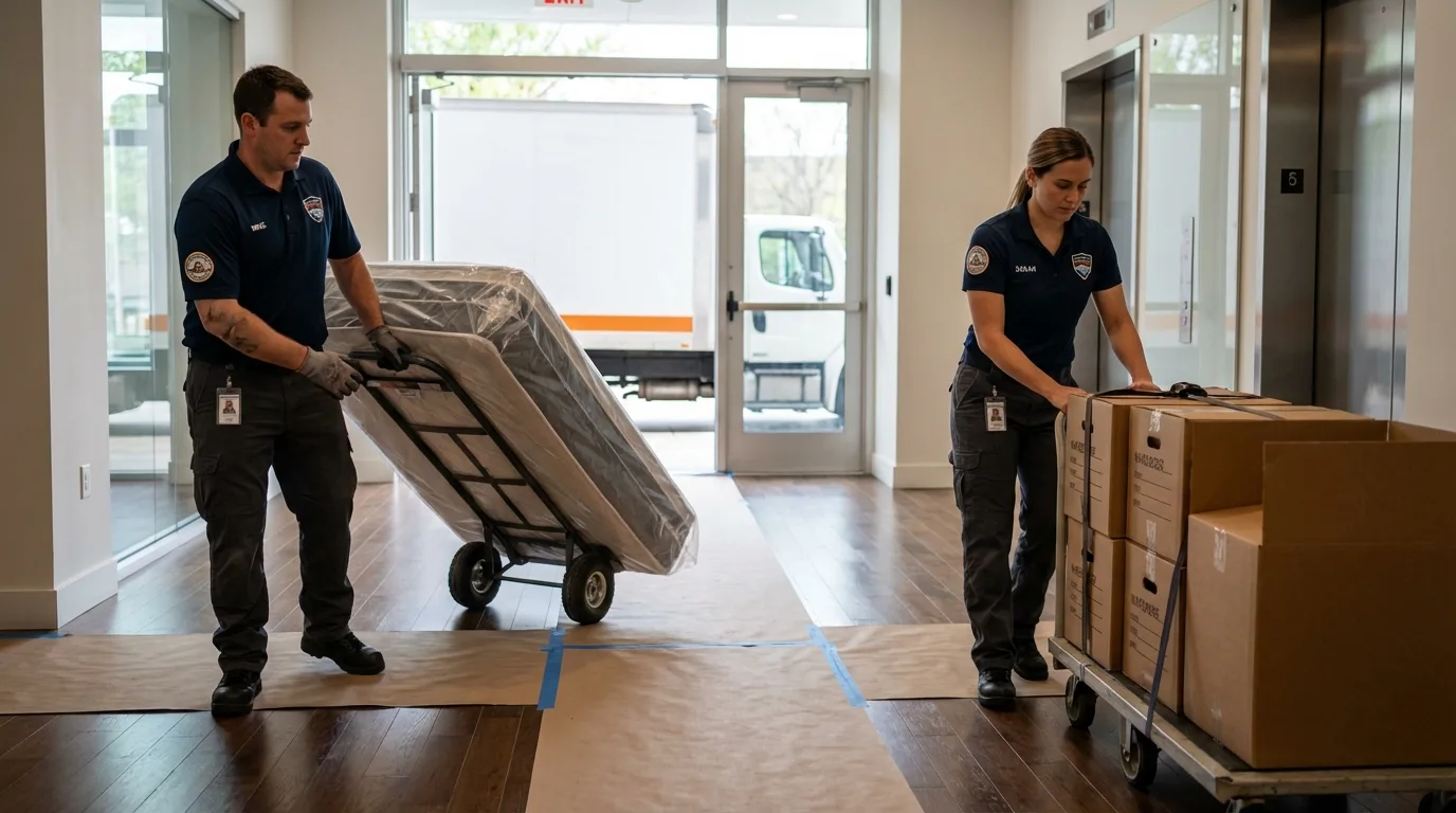 Professional apartment movers loading elevator in Harris, MN